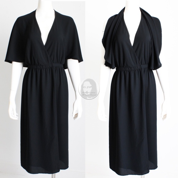 Vintage Halston Halter Dress Silk Wrap Style Attached Angel Sleeve Capelet Sz 12 - Picture 10 of 12